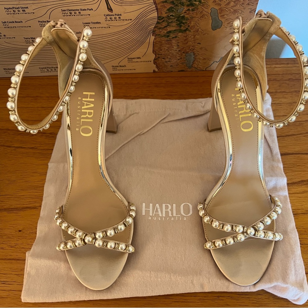 Harlo Pearl-Embellished Beige Block Heel Sandals